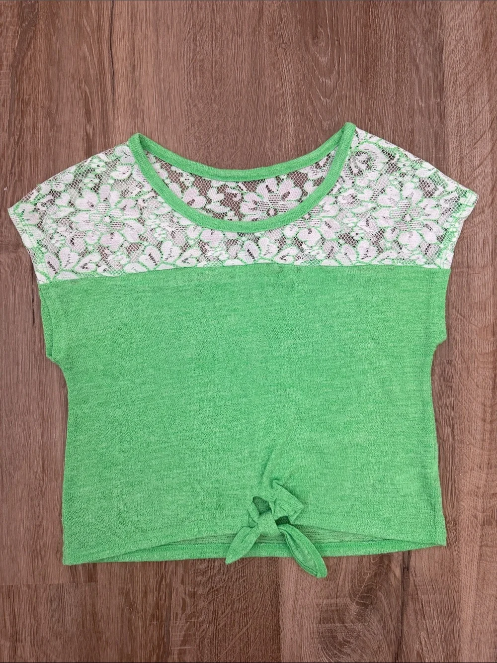 Justice Girls' Green Lace Yoke Tie-Front Top